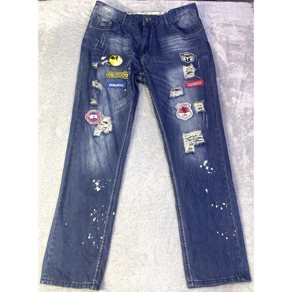 Other - Dishou Jeans Men's 33X28 (Tag 36) Distressed Patched Splatter‎ Ripped Slim Blue